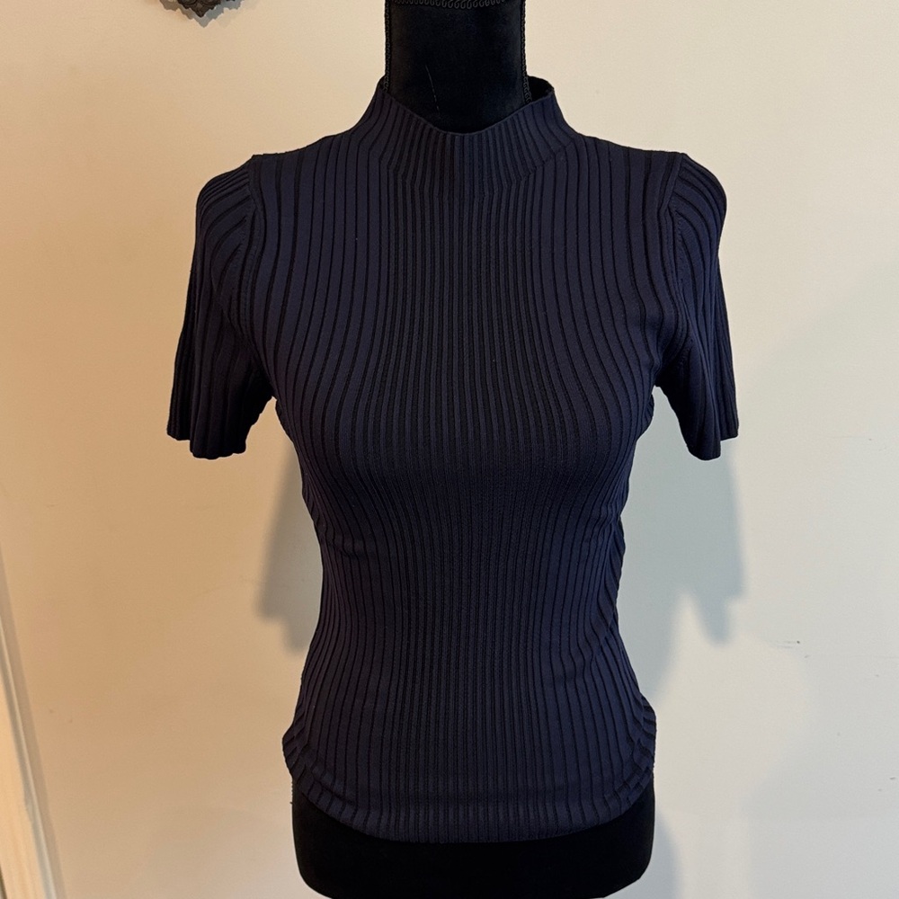 Zara Dark Blue Ribbed Short Sleeve Top